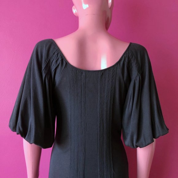 Max Azria 00s S Midi Dress Navy Blue Jersey Pin Tuck Woven Ribbon Drawstring Hem - Picture 3 of 13